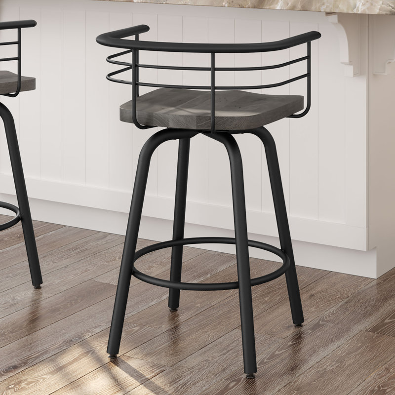 Tabouret de bar et de comptoir pivotant en bois massif Friedell, Métal noir texturé, Bois gris