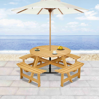 Outdoor 8 Person Picnic Table, 8 Person Round Picnic Table With 4 Built-In Benches, Umbrella Hole, Outside Table And Bench Set For Garden, Backyard, Porch, Patio
