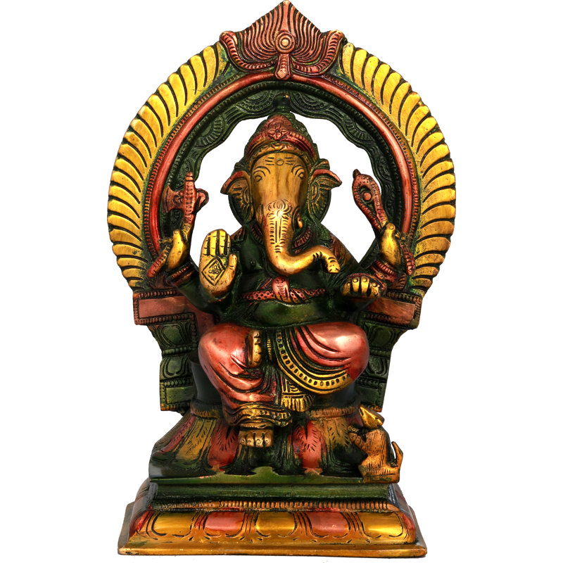 Figurine assise Ganesha avec Prabhavali, Vert / or / rouge