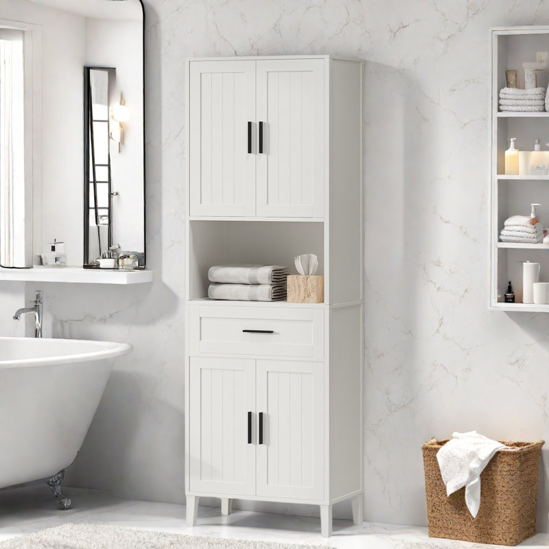 Grande armoire de salle de bain autoportante avec 1 tiroir, 2 armoires, 4 portes à fermeture douce, 2 tablettes réglables et un rangement ouvert