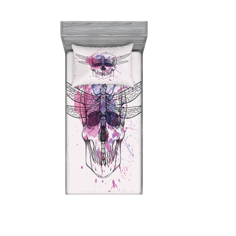 Ensemble de draps floral libellule grunge crâne, Ensemble de draps pour lit simple avec drap-housse