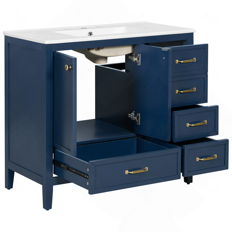 Meuble-lavabo 36 po avec lavabo, armoire de salle de bain avec porte à fermeture en douceur, 4 tiroirs de différentes tailles, structure et pied en bois massif, deux ensembles, bleu