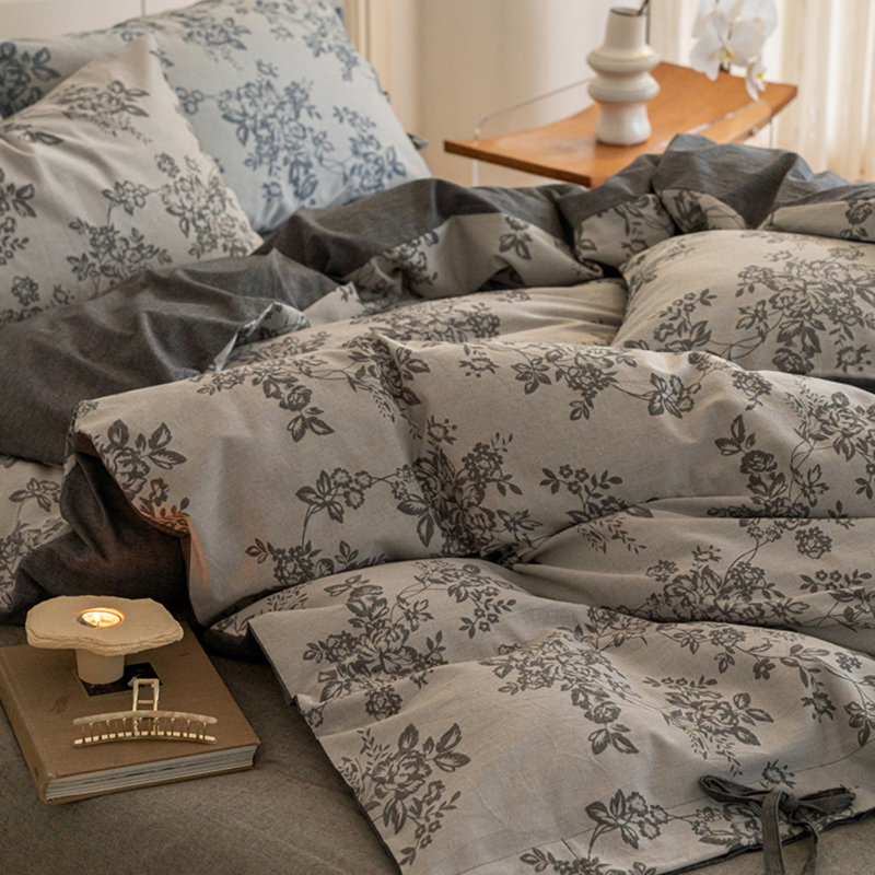 Retro Monet Linen Bowknot Cotton Duvet Cover Set, Gray, Queen Duvet Cover + 2 Queen Pillowcases