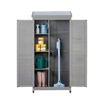 Grande remise à outils extérieure avec plateau en métal et 3 étagères amovibles pour le jardin, le patio et la pelouse. L 33 po x l 18,5 po x H 68 po à aspect de bois enduit gris. Rangement à installation rapide - Système de tablettes à niveaux. Pour pelouse