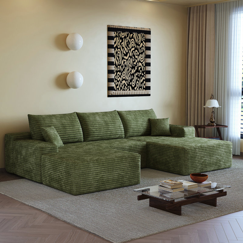 Canapé modulaire avec 1 repose-pieds, canapé rembourré avec méridienne orientée à droite, canapé en U pour le salon, Vert