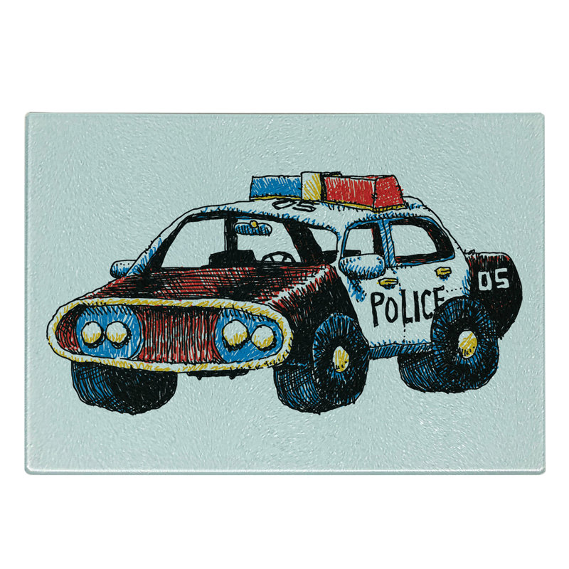 Caricature de planche à découper Ambesonne en verre trempé, voiture de police rouge, jaune et bleu