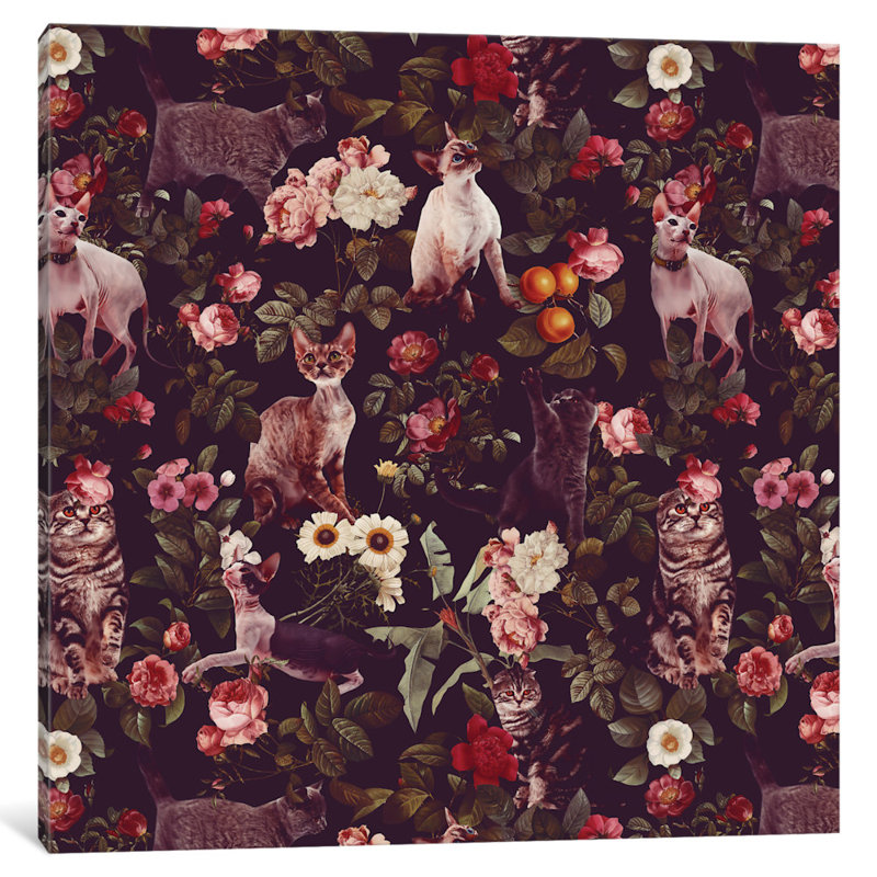 Motif floral et chats, impression sur toile tendue, H 26 po x l 26 po x P 1,5 po, Pas de tapis, Toile tendue