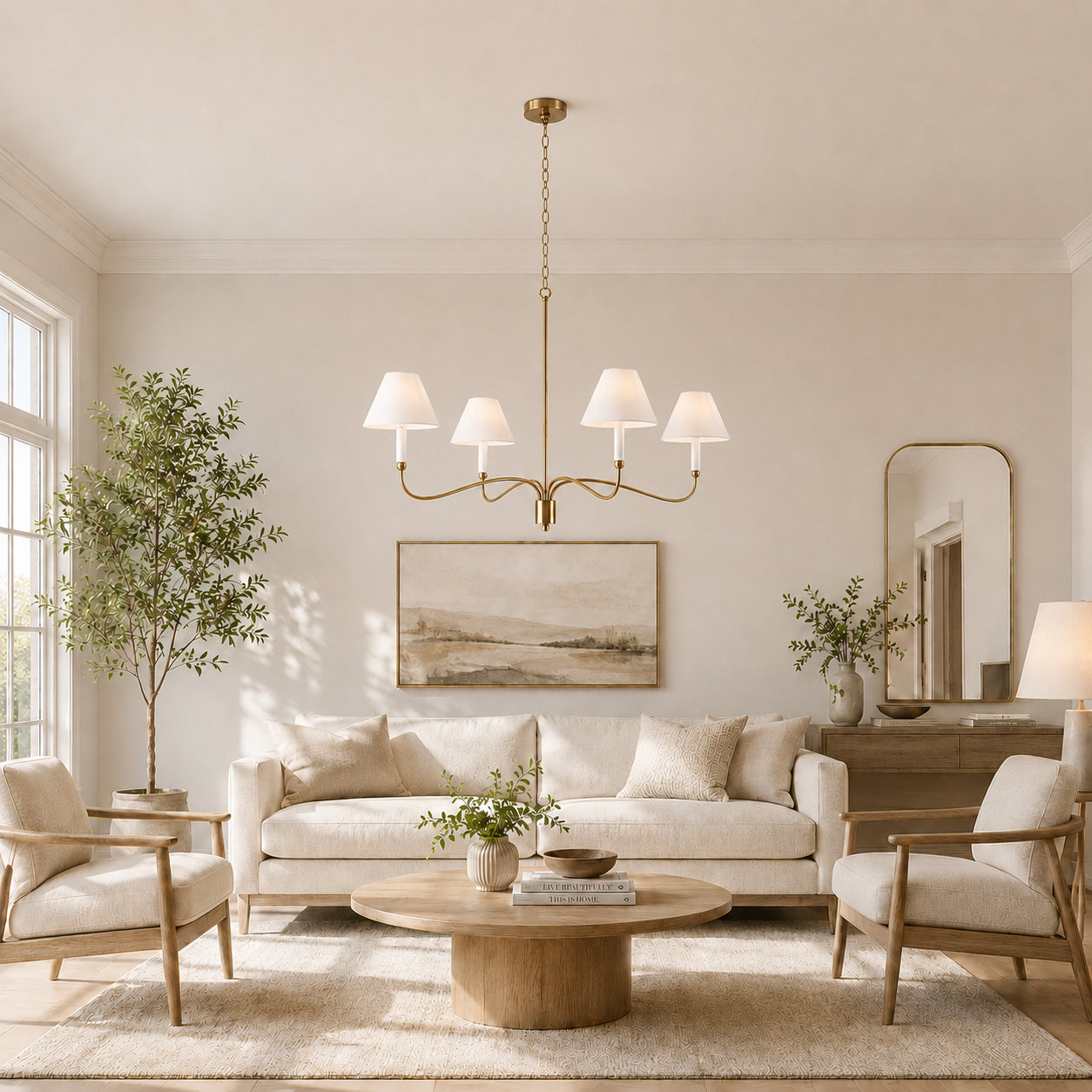 4-Light Dimmable Classic Traditional Chandelier, Polished Brass