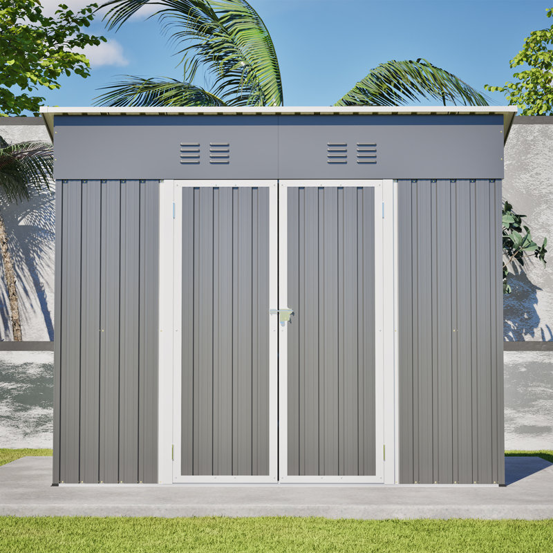 Outdoor Metal Lean-To Storage Shed, Galvanized Floor Frame, Lockable Garden Tool Shed With Side Wall Entry Door