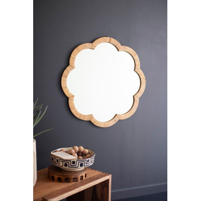  Wall Mirror, Woven Cane Wrapped Flower Shaped Framed Mirror 20"H, Tan Cane Glass & MDF Frame