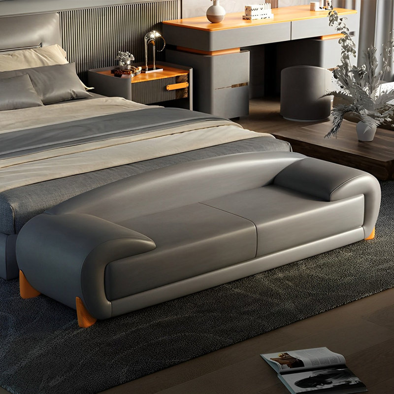 Banc rembourré en cuir véritable Nevaehmarie, Gris, H 19,68 po x l 70,86 po x P 19,68 po