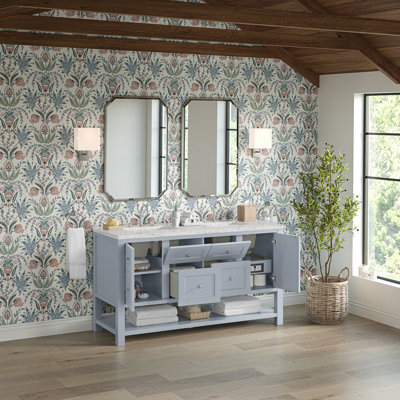 Breckenridge 60" Double Vanity, Serenity Blue, w/ 3 CM Eternal Jasmine Pearl Quartz Top w/FreePower Wireless Charger