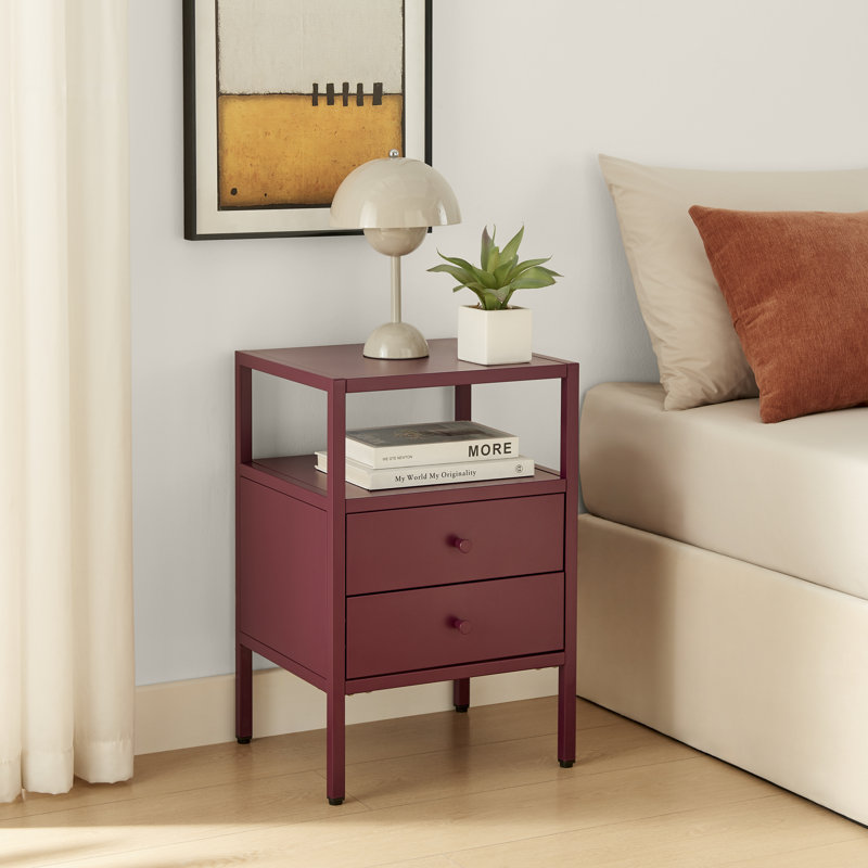 40cm W Metal Bedside Table, Maroon