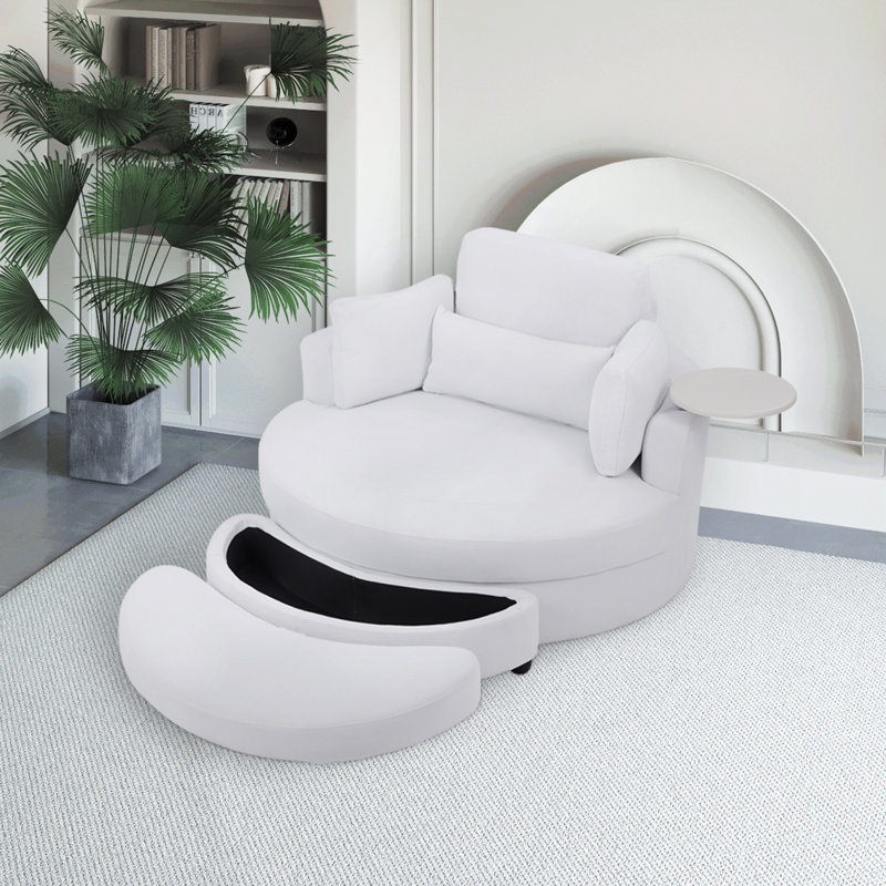Lasean 51'' Wide Swivel Barrel Chair and Ottoman, White Corduroy