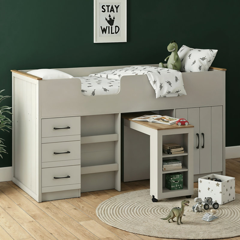 Limestone Single (3') Mid Sleeper Bed Frame with Built in Desk and Ladder, Grey