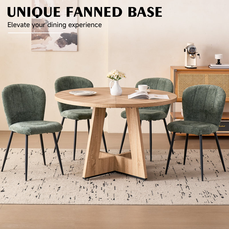 5-Piece Modern Round Dining Set, Natural Wood Grain Table With 4 Green Upholstered Chairs, Natural, Green