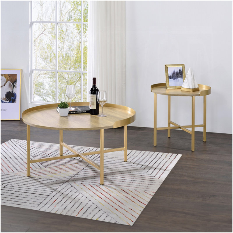 Table basse à plateau rond en chêne et or