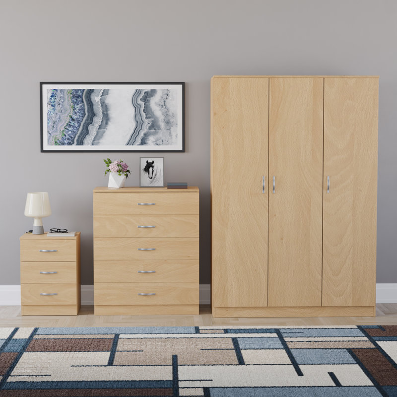 Maybery 3 Piece Bedroom Set (3 Drawer Bedside Chest, 5 Drawer Chest, 3 Door Wardrobe), (5), Pine
