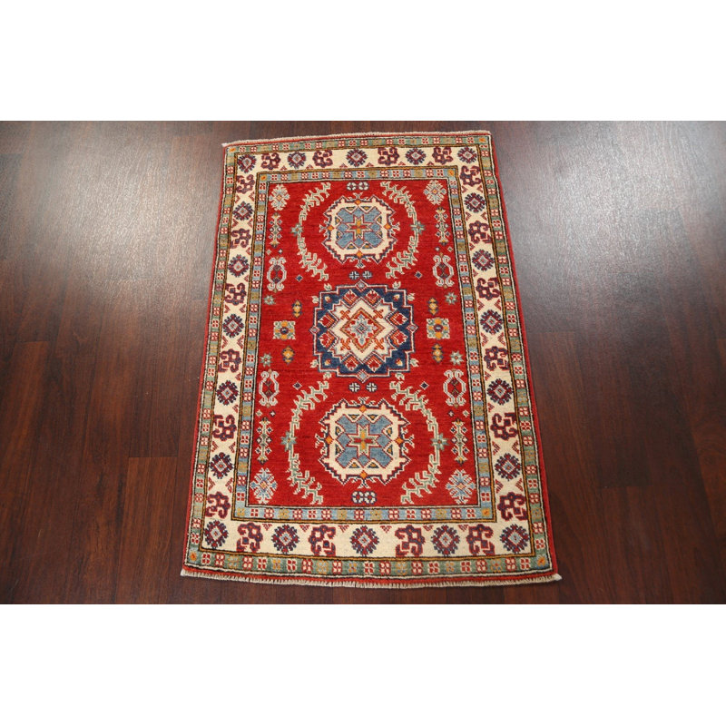 Tapis rouge en laine noué à la main de conception unique 2 pi 8 po x 4 pi 1 po
