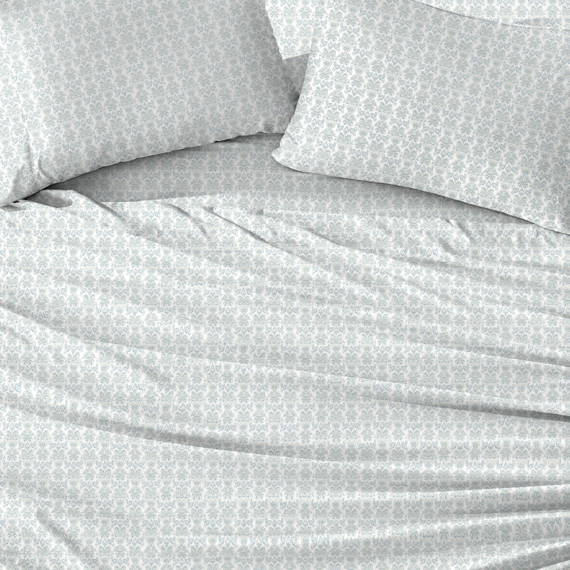 Queen White and Green Cotton Percale Floral Sheet Set