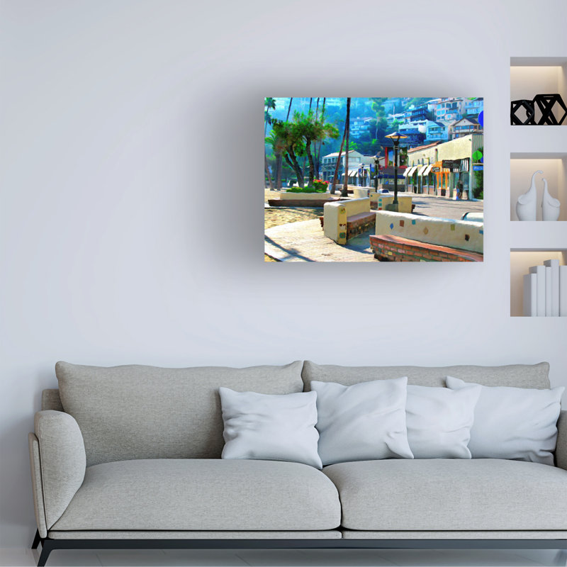 Catalina Island Street Front Landscape Canvas Print in Blue and Tan