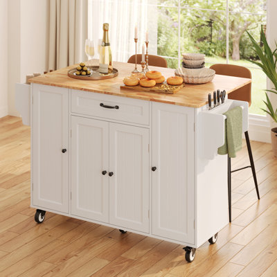 Îlot de cuisine à roulettes en bois massif, chariot de cuisine à 3 armoires avec bar à feuilles tombantes, grand îlot de cuisine mobile avec support à épices, porte-serviettes et roulettes verrouillables
