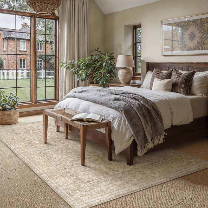 Quinn Vintage Washable Area Rug With Non-Slip Backing, Light Brown, Rectangle 5' x 7'