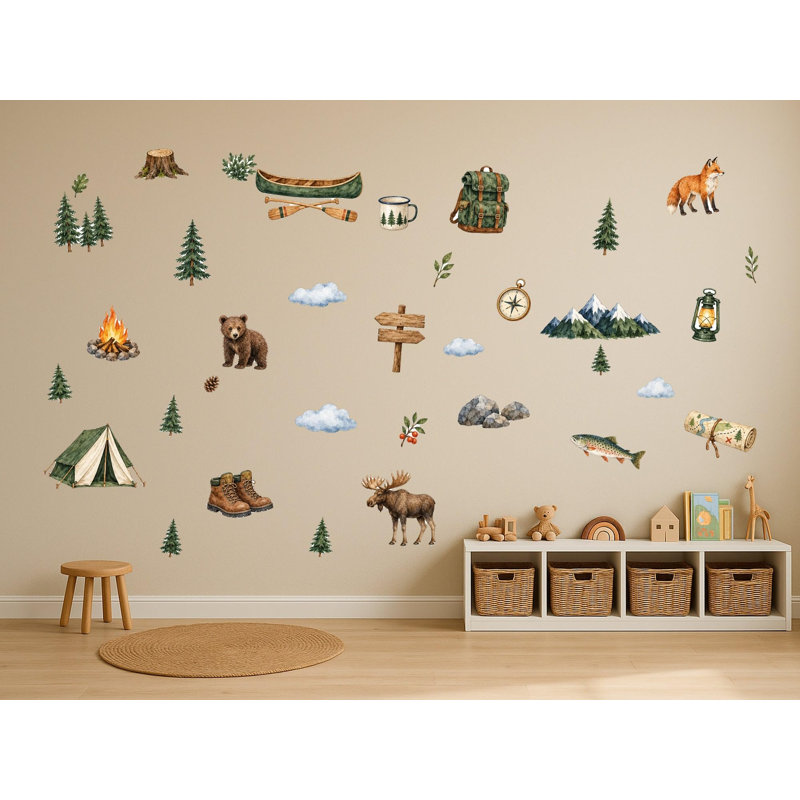 Camping Adventure Wall Decals, Set of 35 Peel and Stick Nursery Wall Stickers, Satin Finish Removable Kids Room Wall Art, 20"W x 20"H (50 x 50 cm)