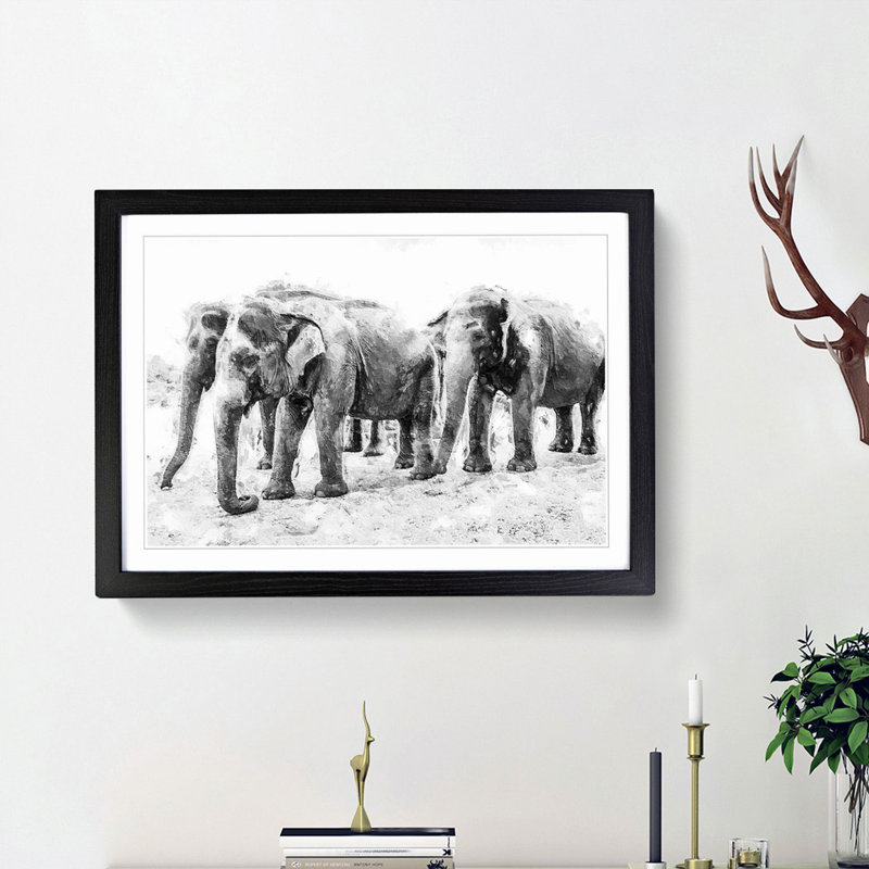 Elephants in Sri Lanka - Framed Print, 48cm H x 65cm W x 2cm D, Black Framed