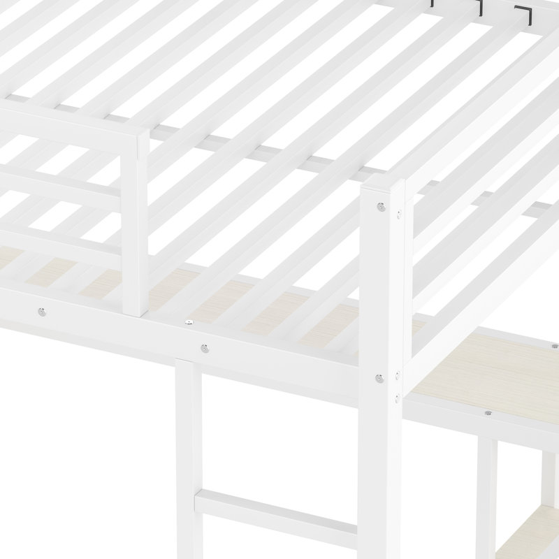 Grand lit mezzanine en métal grain de bois blanc avec garde-robe, bureau et rangement intégrés, caractéristiques pour les tablettes de taille supérieure, assemblage sans effort