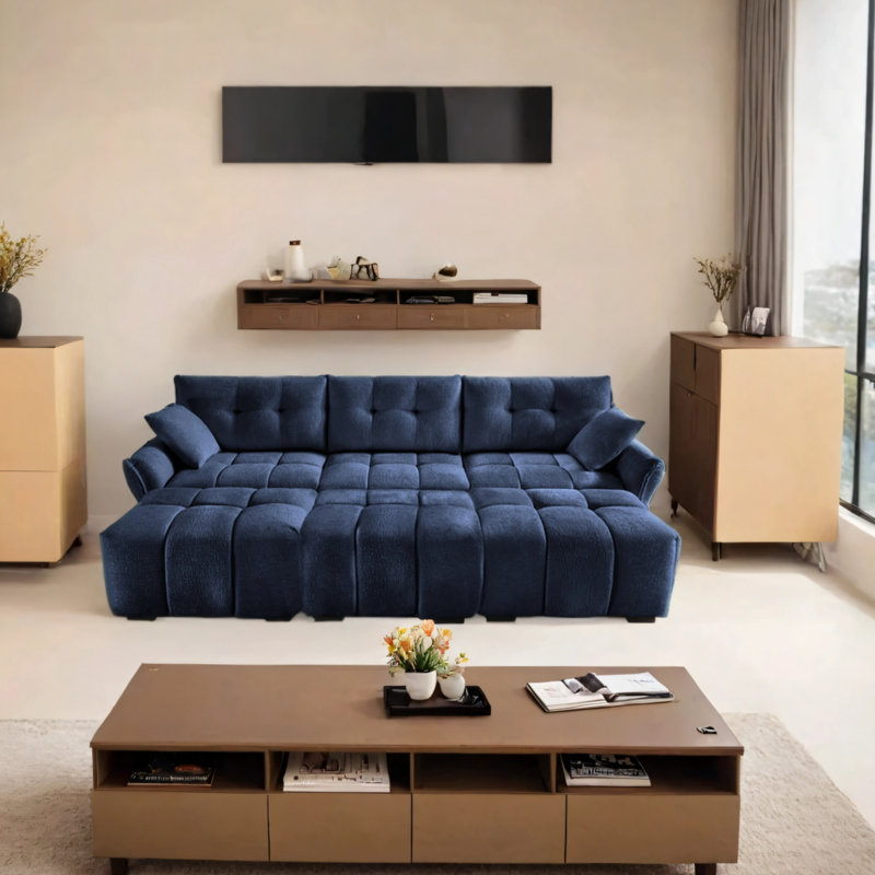 Ensemble de canapé robuste pour trois personnes à structure en bois massif avec trois repose-pieds et coussins dans une élégante texture chenille