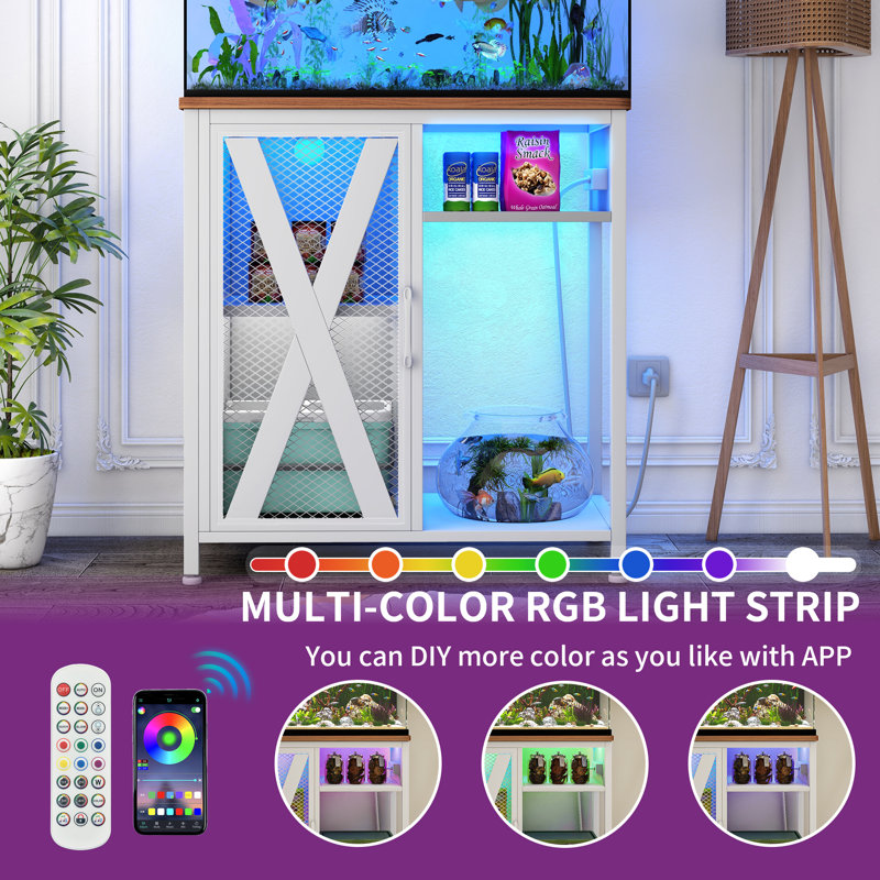 Deshayla Rectangle Aquarium Stand with Power Outlets & LED Light, White, 30 Gallon