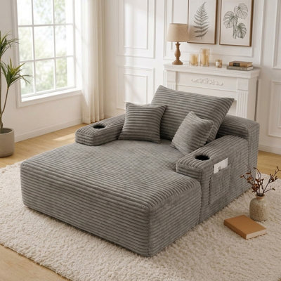 65" W Convertible Plush Chaise Lounge with Wide Armrest and Cup Holder No Assembly