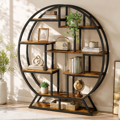 Round Circular Freestanding Open Bookcase, Rustic Particle Board Reinforced Metal Frame Industrial Staggered Multi-Grid Decorative Display Storage Shelf with Adjustable Feet