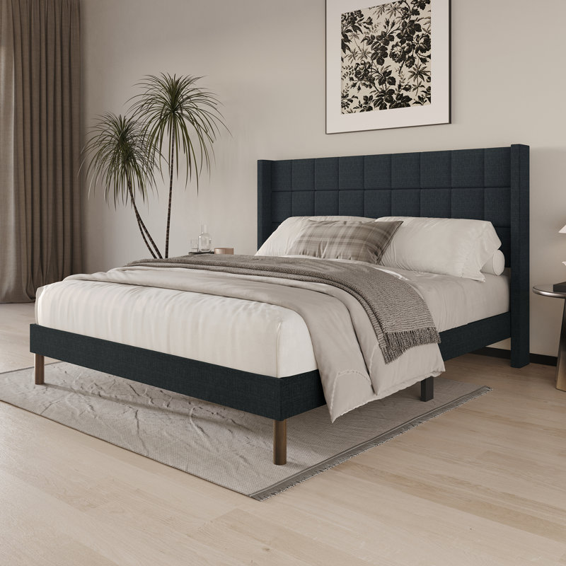 Linen Platform Wingback Bed , Charcoal Gray, Full