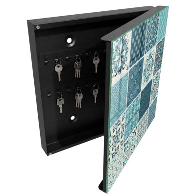 Key box, Opens to the right, 30x30x5, White, Turquoise mosaics with geometric patterns, 