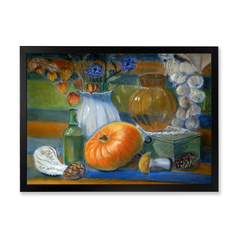 Nature morte avec citrouille et vase - reproduction sur toile avec cadre flottant, Cadre noir, H 8 po x l 12 po x P 1 po