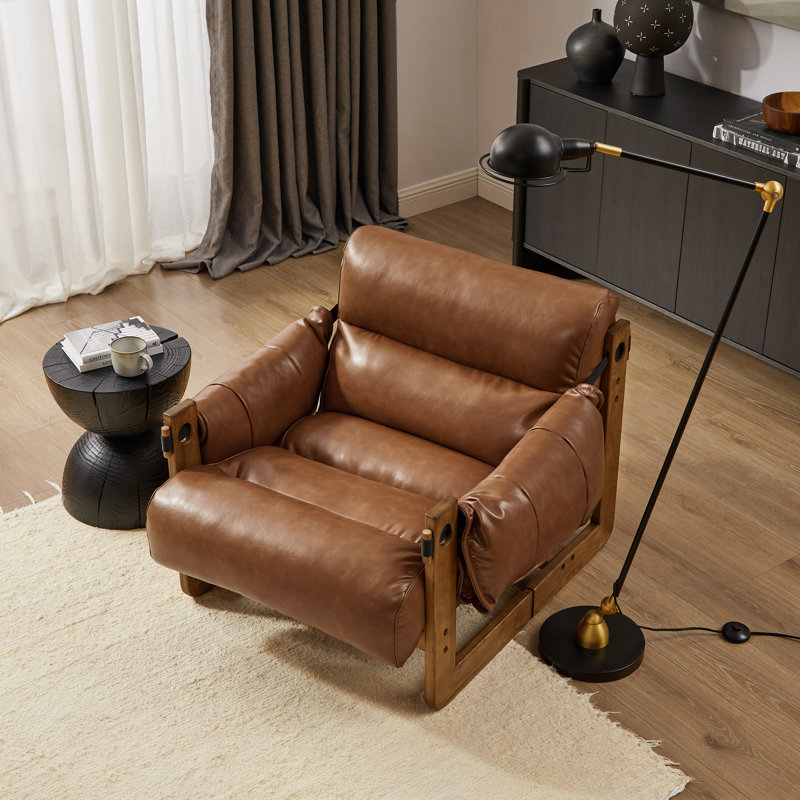 Solid Wood Leisure Lounge Chair, Brown Faux Leather
