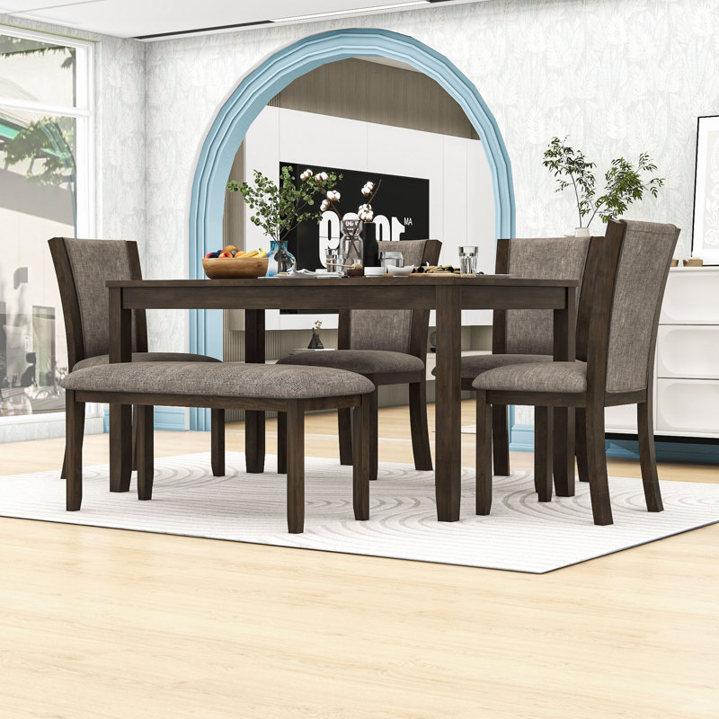 Ensemble de table de salle à manger 6 pièces avec table, banc rembourré et 4 chaises rembourrées pour la salle à manger, Brun