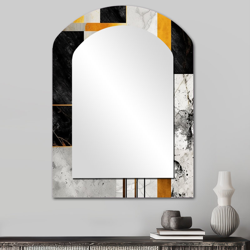 Lebow Marble Granite Agate With Touches Of Gold VII - Geometric Arch Mirror, Grey Asymmetrical Unique Wall Mirror, Printed Metal Art