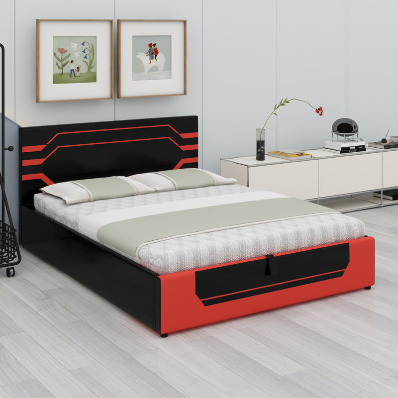 Lit plateforme moderne avec rangement à levage hydraulique et esthétique futuriste pour les jeunes, Noir et rouge