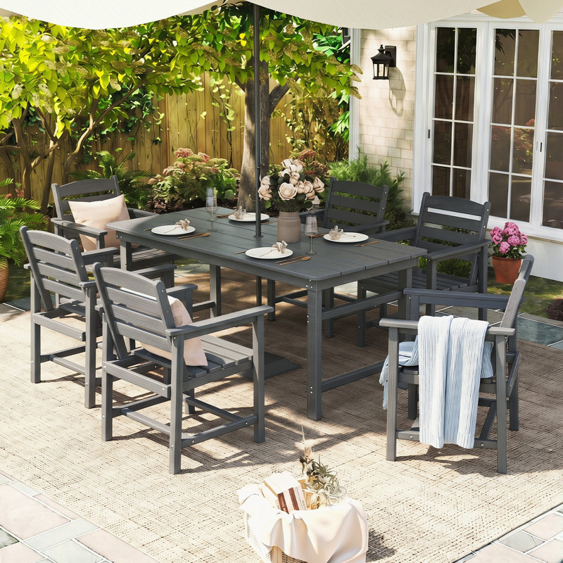  6 - Person Rectangular Outdoor Dining Set with 6 Chairs, Hdpe Patio Dining Table Sets, Gray