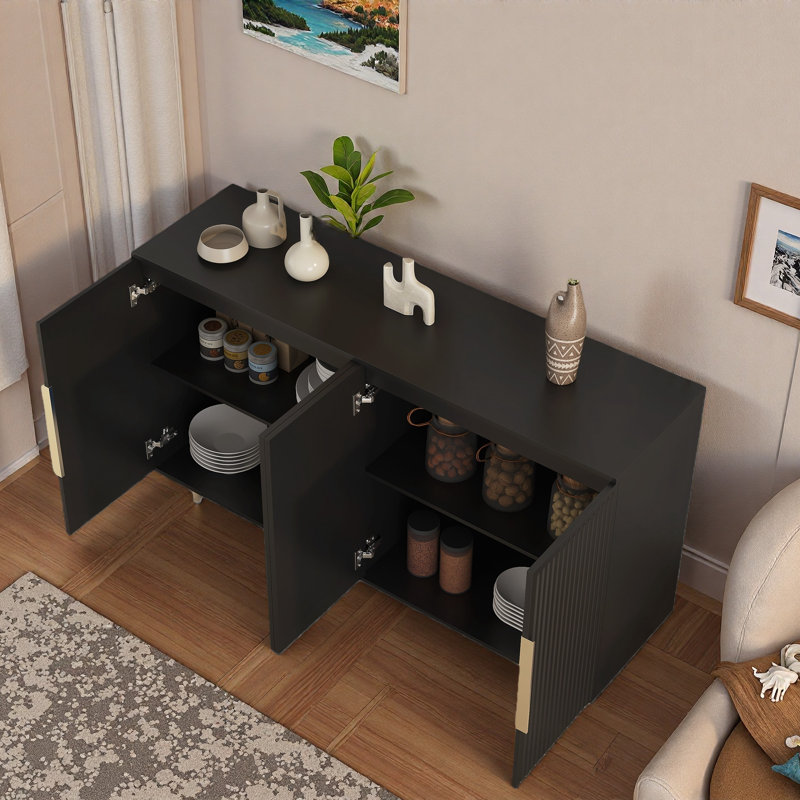 Sideboard With Adjustable Shelves And 4 Doors Fluted Panel, Black
