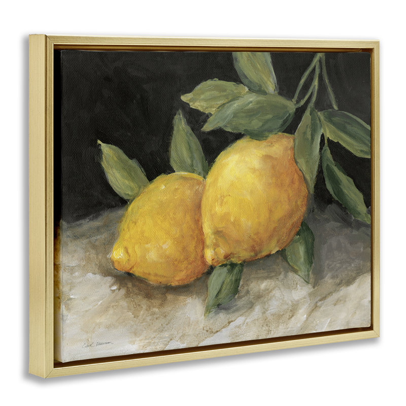 Paire de citrons, nature morte, art mural encadré flottant par Carol Robinson, Cadre flottant métallique doré