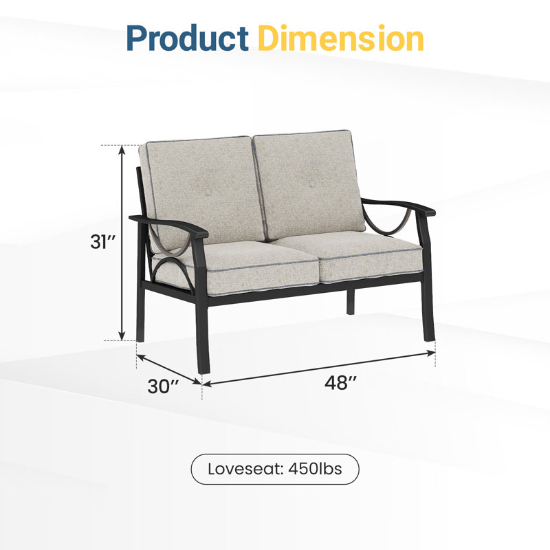 Dorisann Outdoor Metal Loveseat Coffee, Black Frame/Khaki Cushion