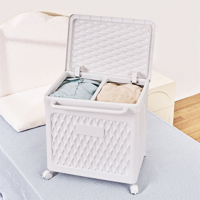 2-Section Rolling Laundry Hamper With Lid And Handle Dividers Plastic Laundry Organizer Wheeled Basket For Bathroom, Bedroom, Laundry Room