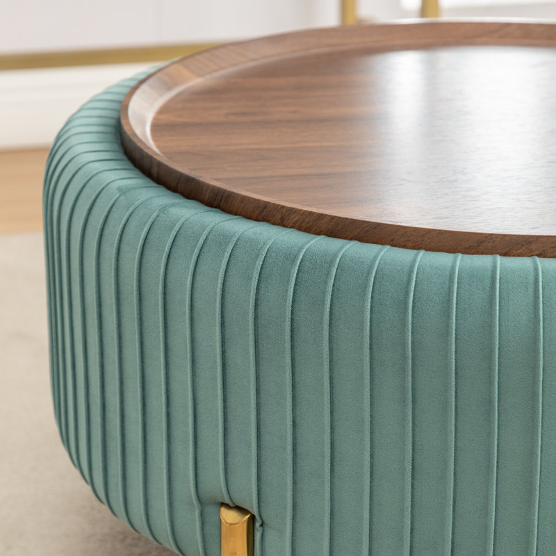 Miajah Upholstered Round Storage Ottoman, Teal