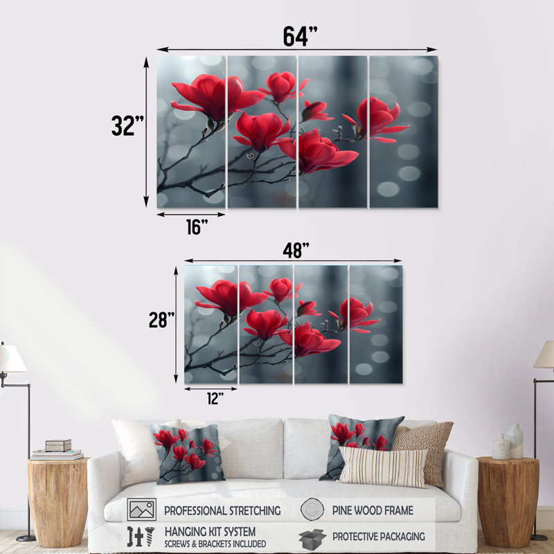 Ensemble de décorations murales rouge et gris Glamour Summer Magnolias, H 32 po x l 64 po