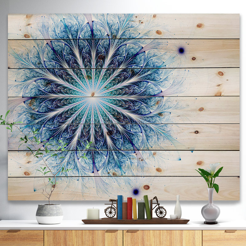 «Fractal Flower Light Blue Digital Art», impression, H 30 po x l 40 po x P 1,5 po, Bois
