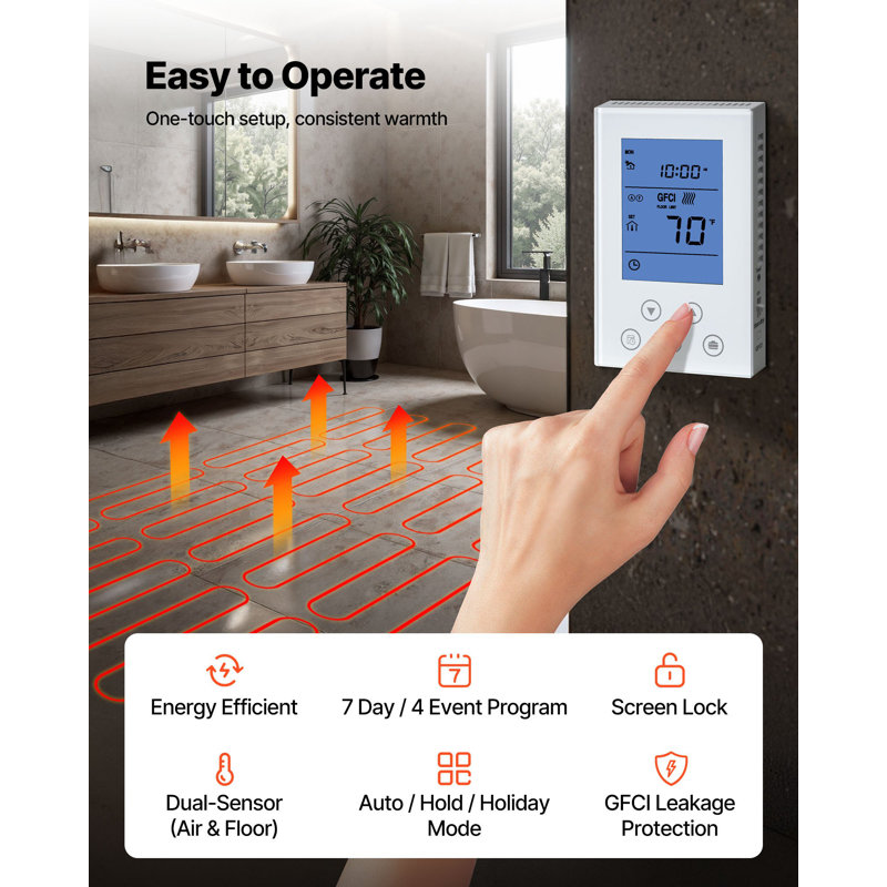 90 Sqft Self-Adhesive Mesh Floor Heating Mat System, 120V Electric Radiant Heated Floor System, With Smart Control Thermostat And Alarm, Easy Installation For Tile, Stone, Vinyl